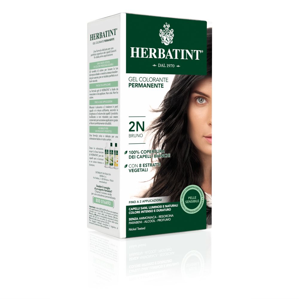 Confezione HERBATINT® 2N Bruno. Gel colorante permanente. Copertura 100% capelli bianchi. Per pelli sensibili.