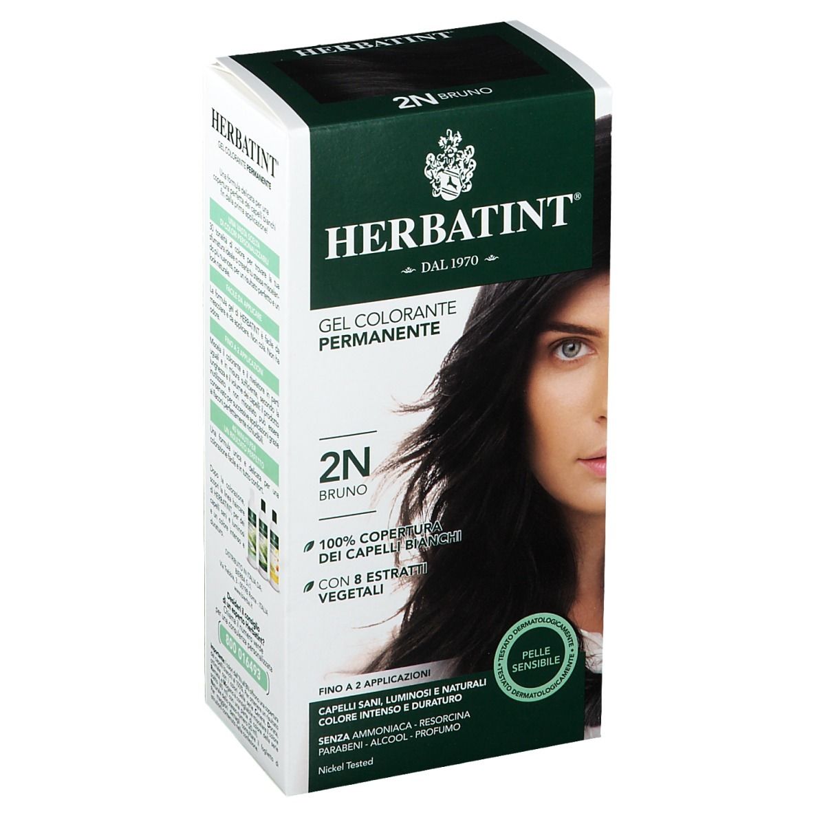 Confezione HERBATINT® 2N Bruno. Gel colorante permanente. Copertura 100% capelli bianchi. Per pelli sensibili.