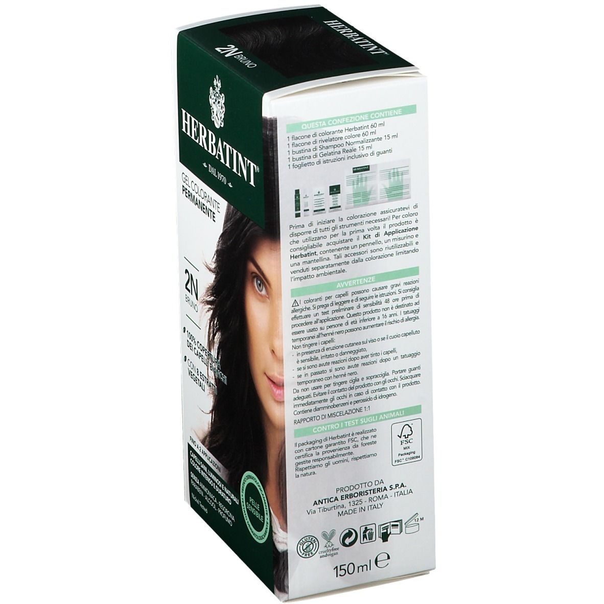 Confezione HERBATINT® 2N Bruno. Gel colorante permanente. Copertura 100% capelli bianchi. 150ml.