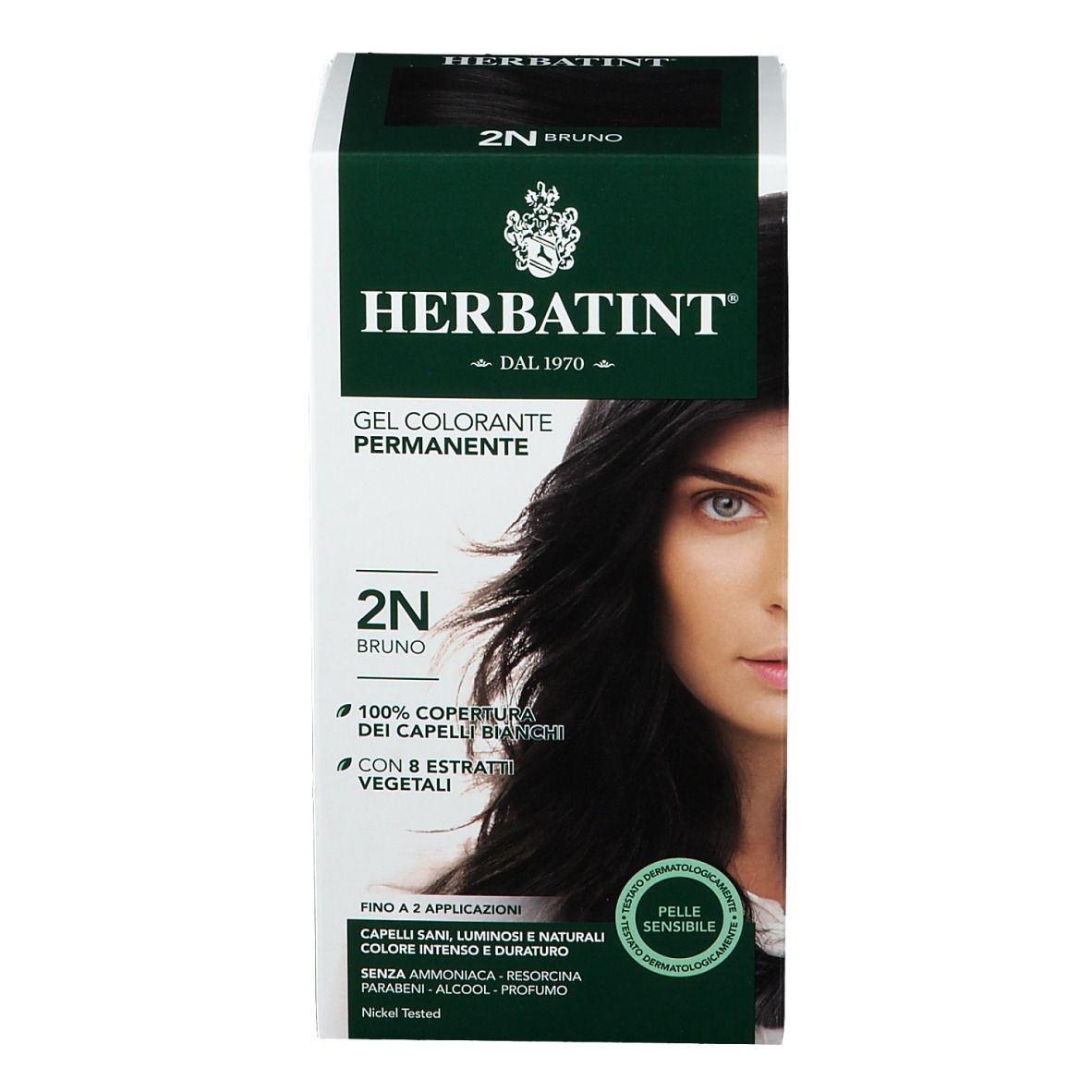 Confezione HERBATINT® 2N Bruno. Gel colorante permanente. Copertura 100% capelli bianchi. Per pelli sensibili.