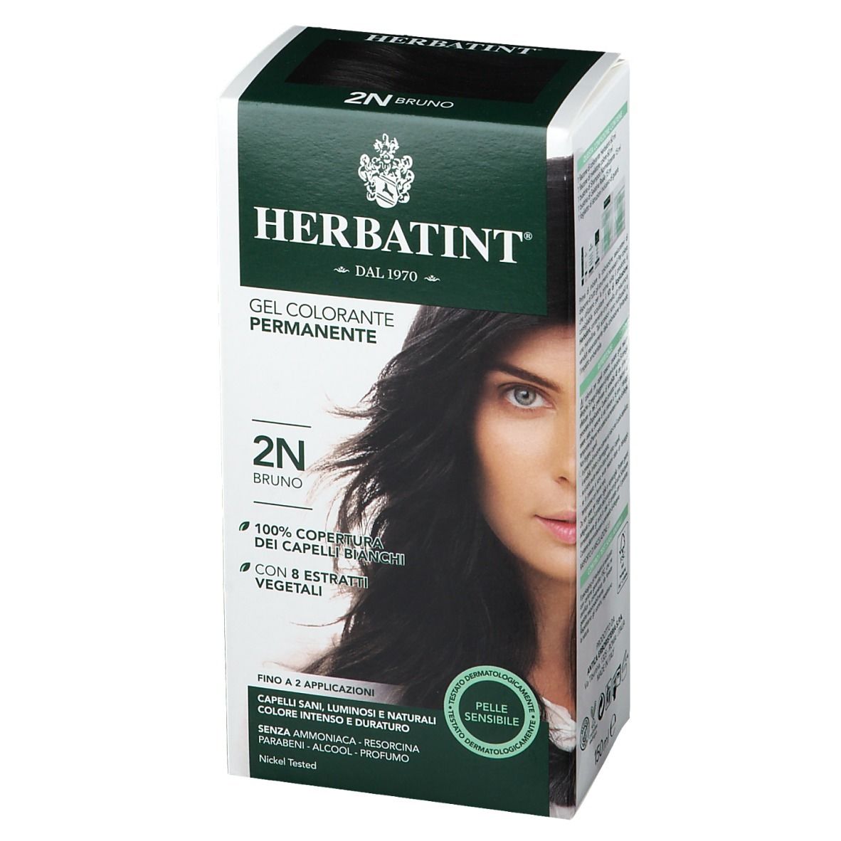 Confezione HERBATINT® 2N Bruno. Gel colorante permanente. Copertura 100% capelli bianchi. Per pelli sensibili.