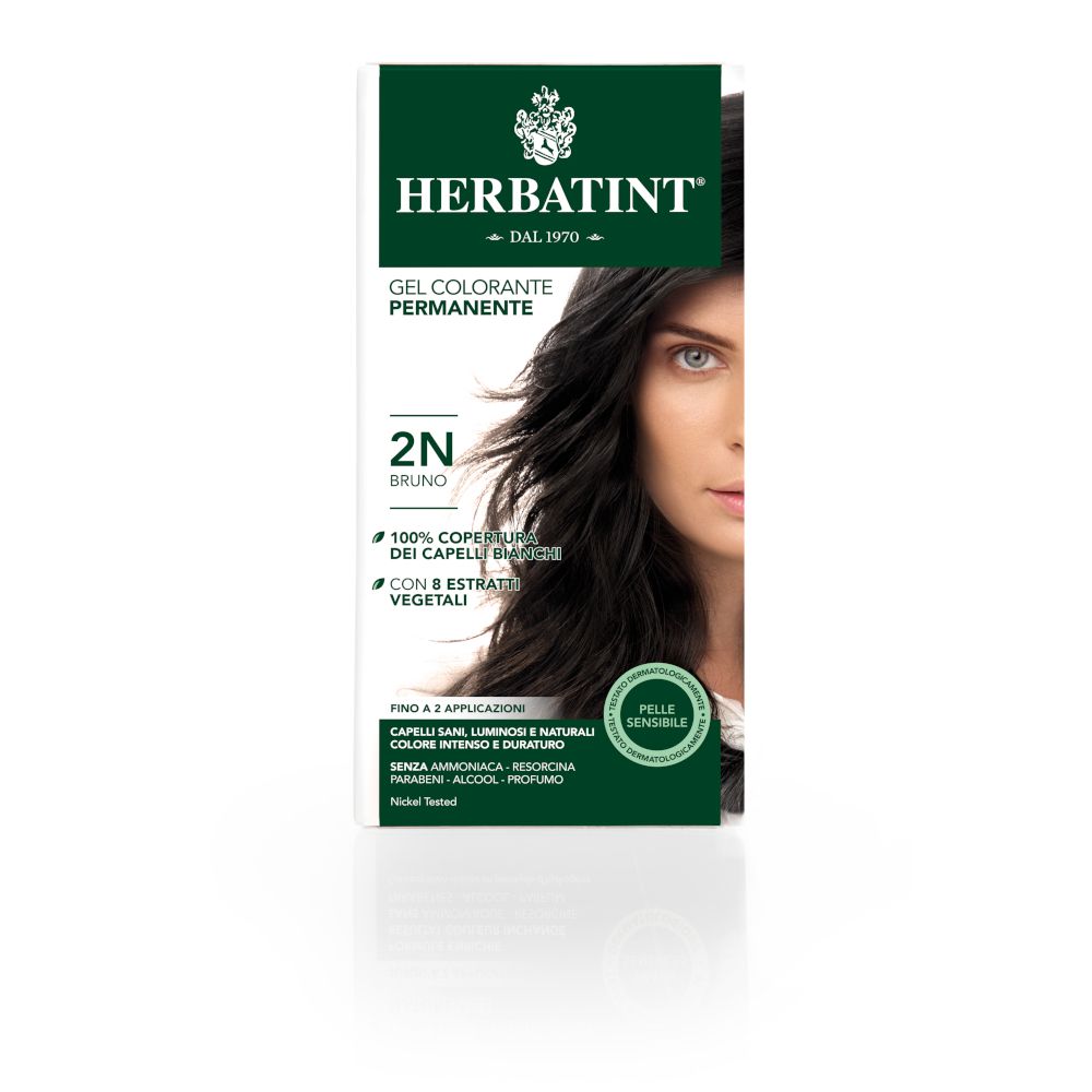 Confezione HERBATINT® 2N Bruno. Gel colorante permanente. Copertura 100% capelli bianchi. Per pelli sensibili.