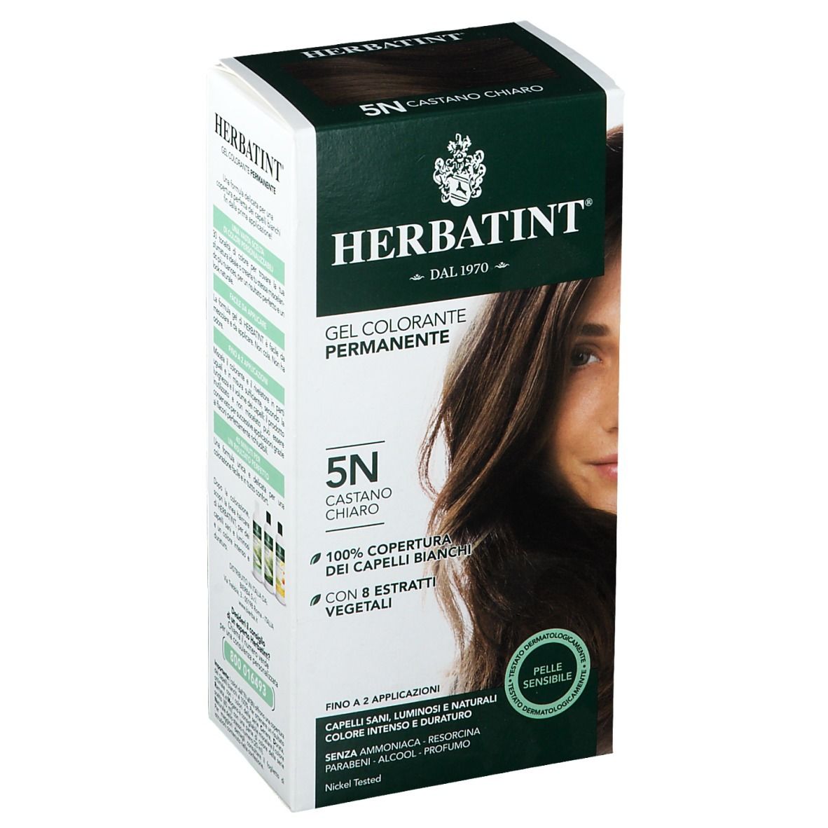 HERBATINT® 5N, tinta per capelli castano chiaro. Confezione con immagine del prodotto e donna. Scritta: 5N, castano chiaro.