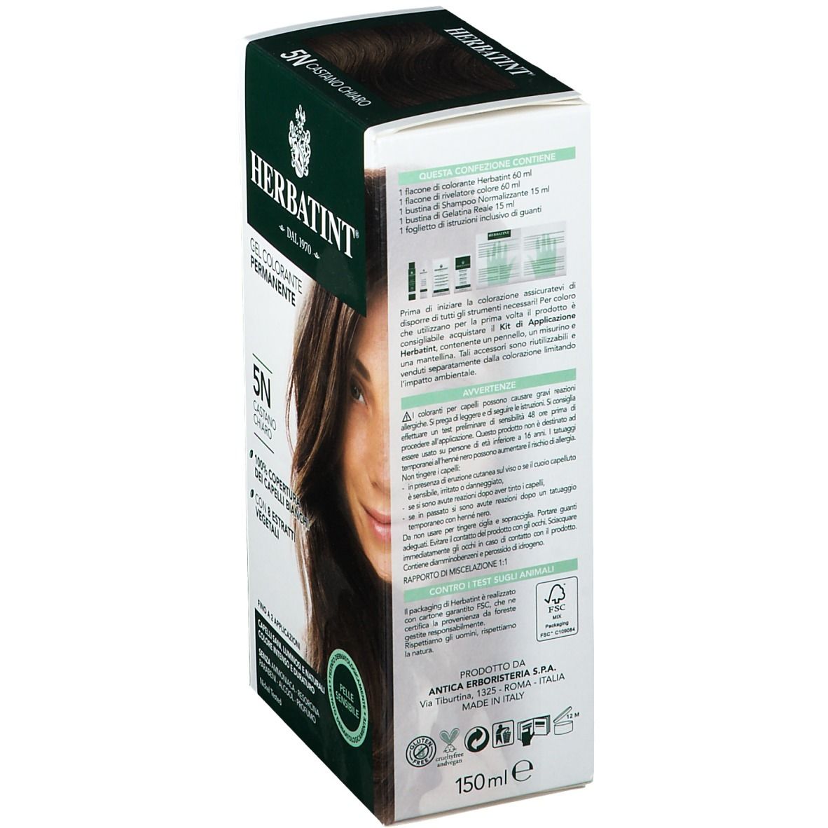 HERBATINT® 5N, tinta per capelli castano chiaro. Confezione con immagine del prodotto e donna. Scritta: 5N, castano chiaro.