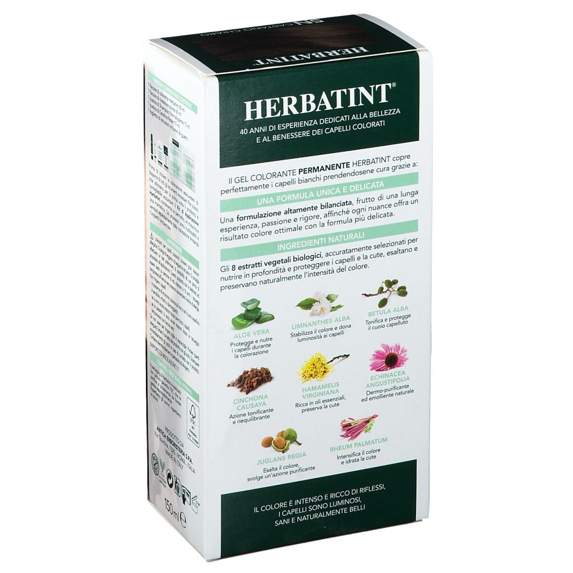 Retro della confezione di HERBATINT® 5N. Illustrazione degli ingredienti e informazioni sul prodotto. Testo in più lingue.