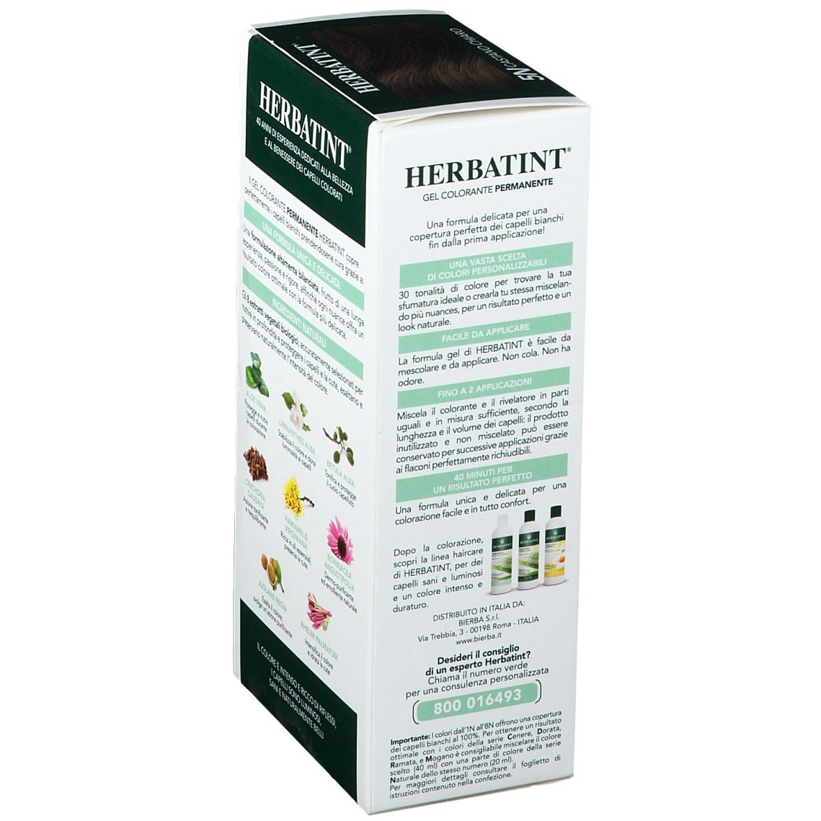 Retro della confezione di HERBATINT® 5N. Illustrazione degli ingredienti e informazioni sul prodotto. Testo in più lingue.