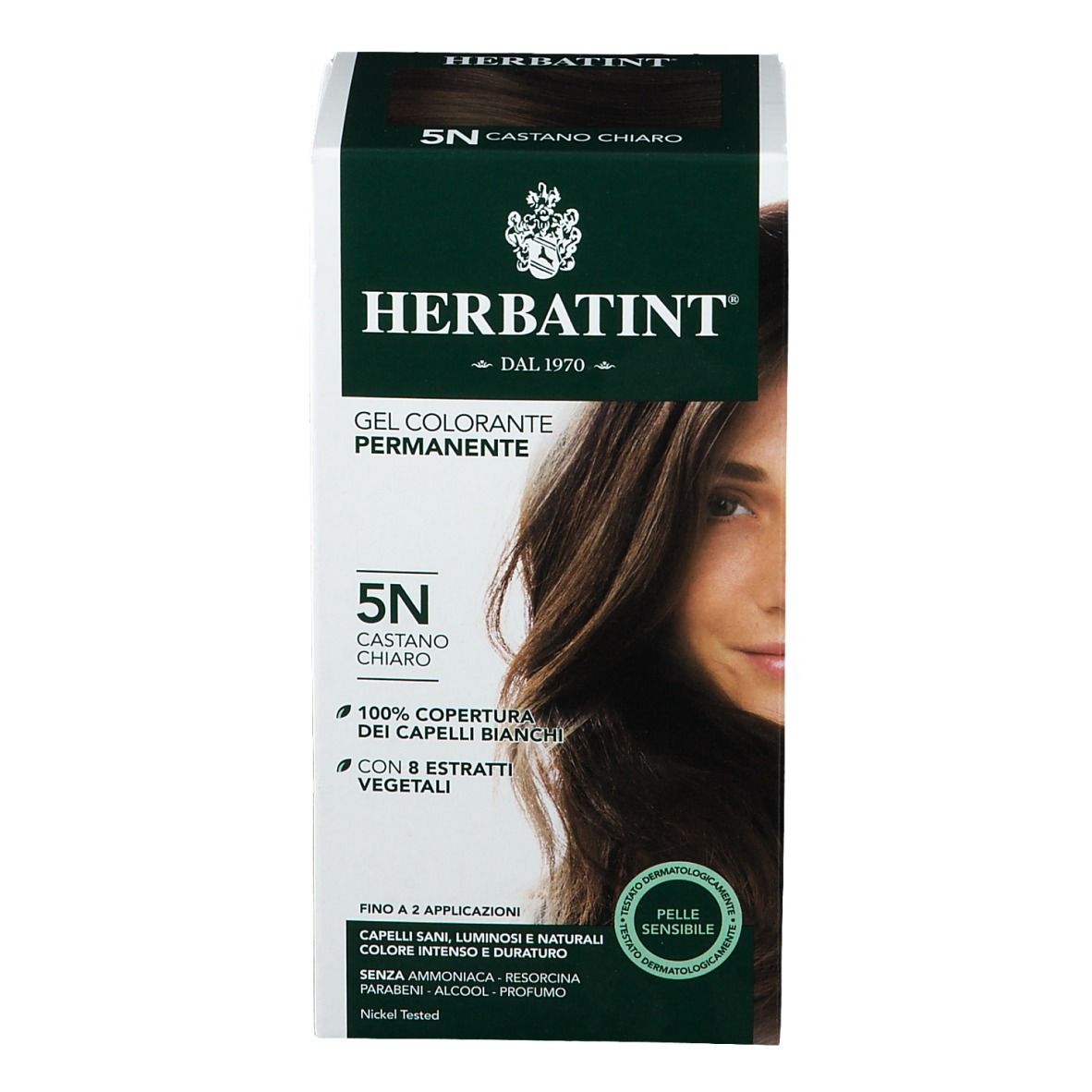 HERBATINT® 5N, tinta per capelli castano chiaro. Confezione con immagine del prodotto e donna. Scritta: 5N, castano chiaro.
