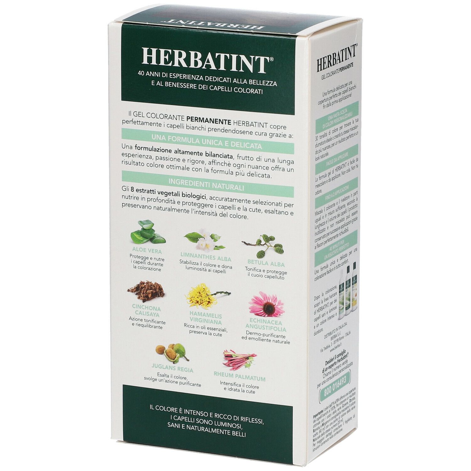 Rückseite der HERBATINT® Haarfarben-Verpackung. Text und Abbildungen von Inhaltsstoffen und Produktinformationen.
