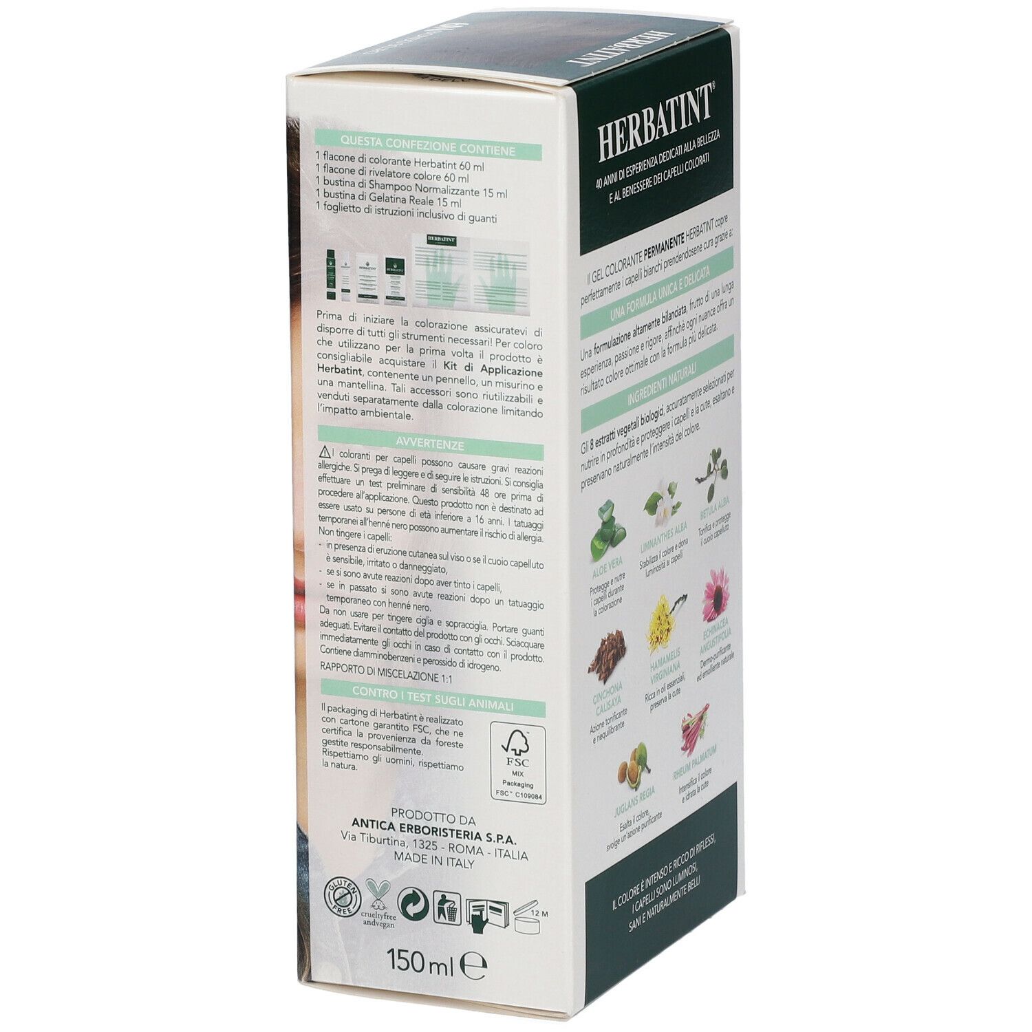 Rückseite der HERBATINT® Haarfarben-Verpackung. Text und Abbildungen von Inhaltsstoffen und Produktinformationen.