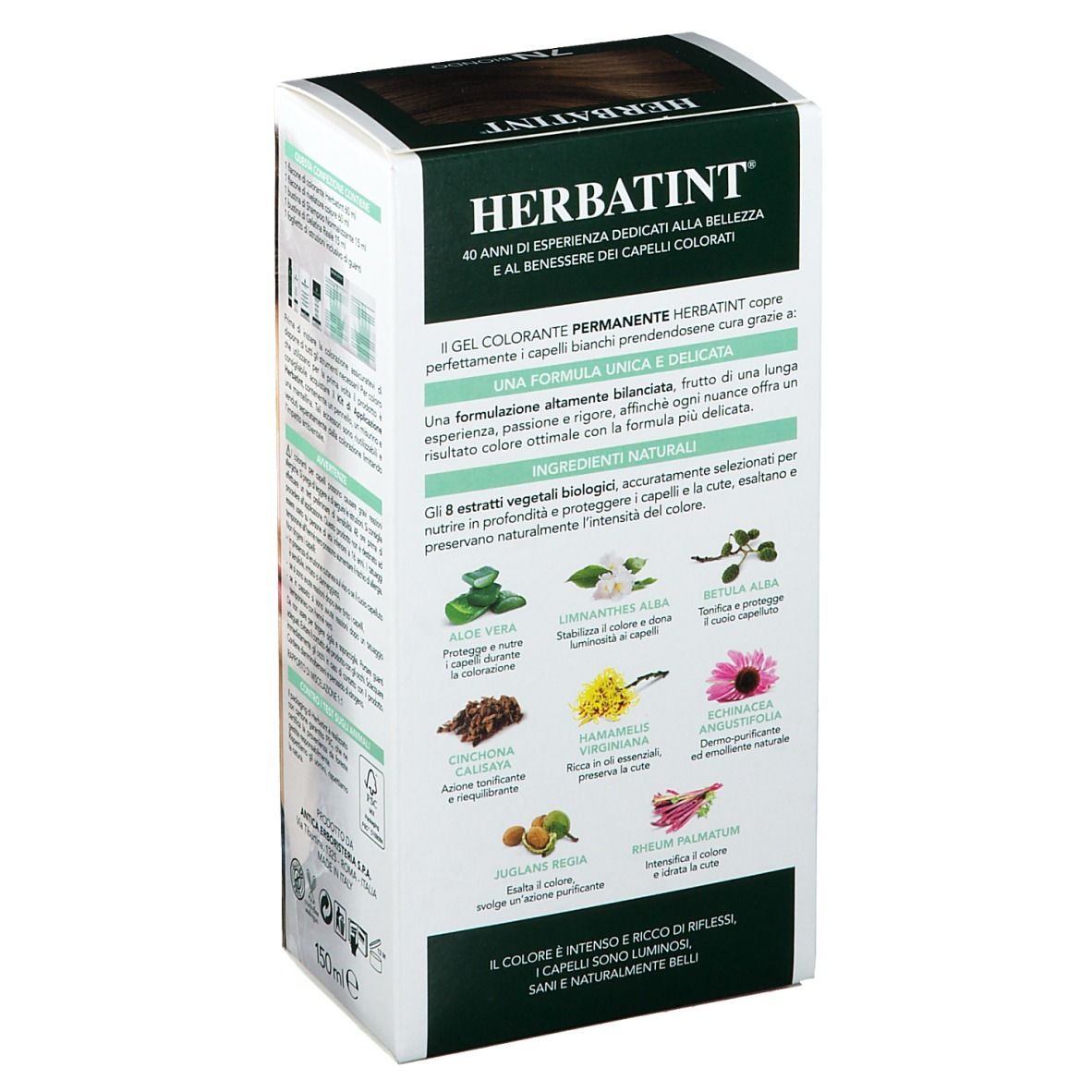Confezione di colorazione per capelli HERBATINT®. Retro con ingredienti e testo. Colori verde e bianco.