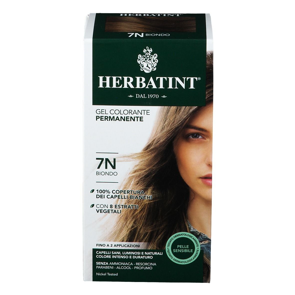HERBATINT® 7N Biondo. Confezione con immagine del prodotto e testo. Colori verde e bianco.