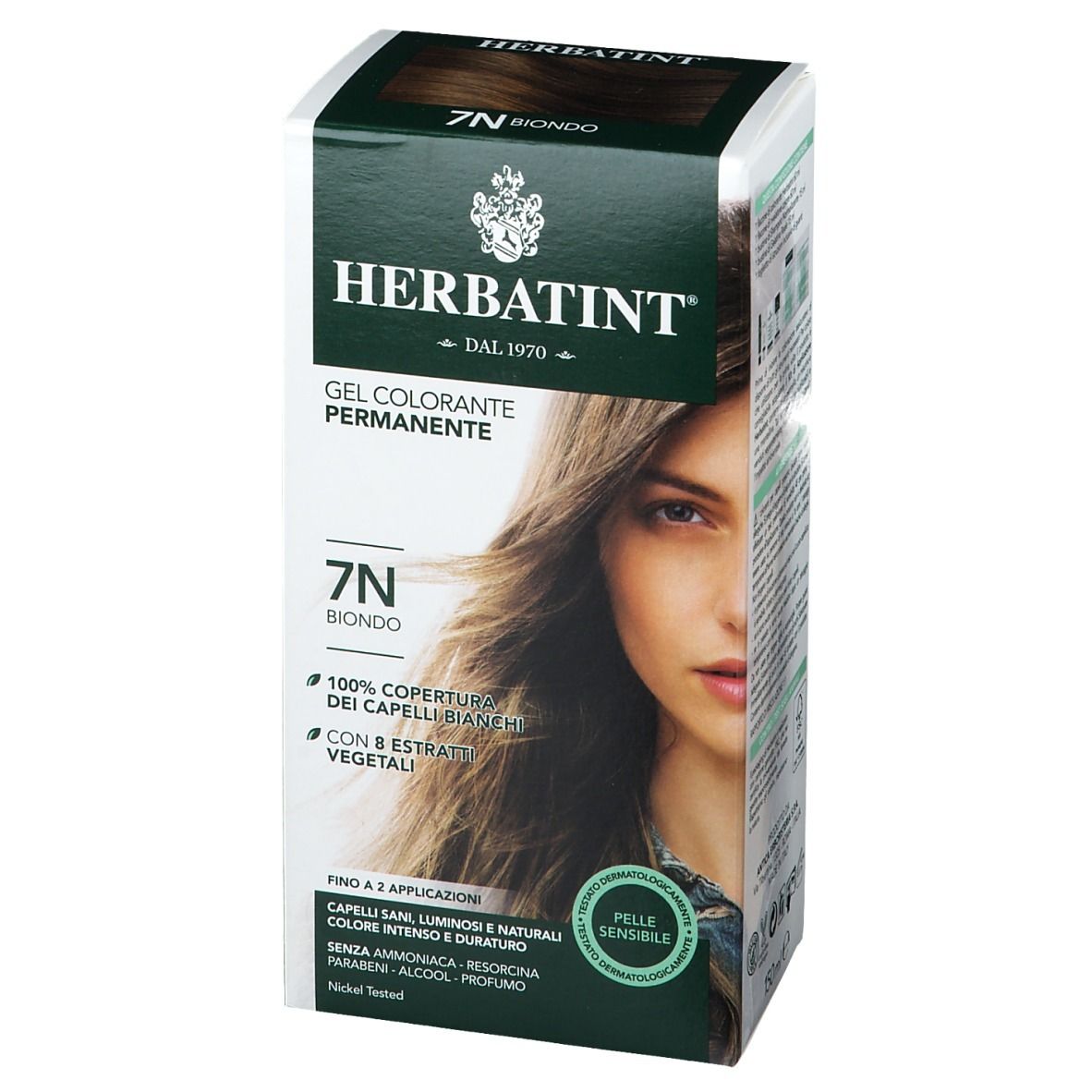HERBATINT® 7N Biondo. Confezione con immagine del prodotto e testo. Colori verde e bianco.
