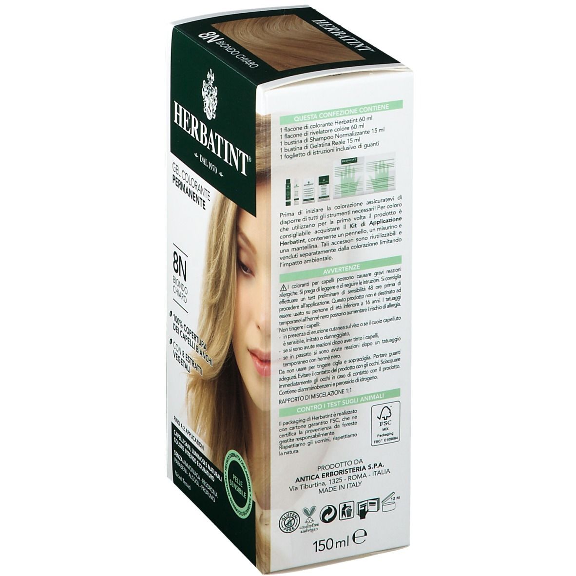 Retro della confezione di tintura per capelli HERBATINT®. Testo e illustrazioni degli ingredienti. Logo: HERBATINT®.