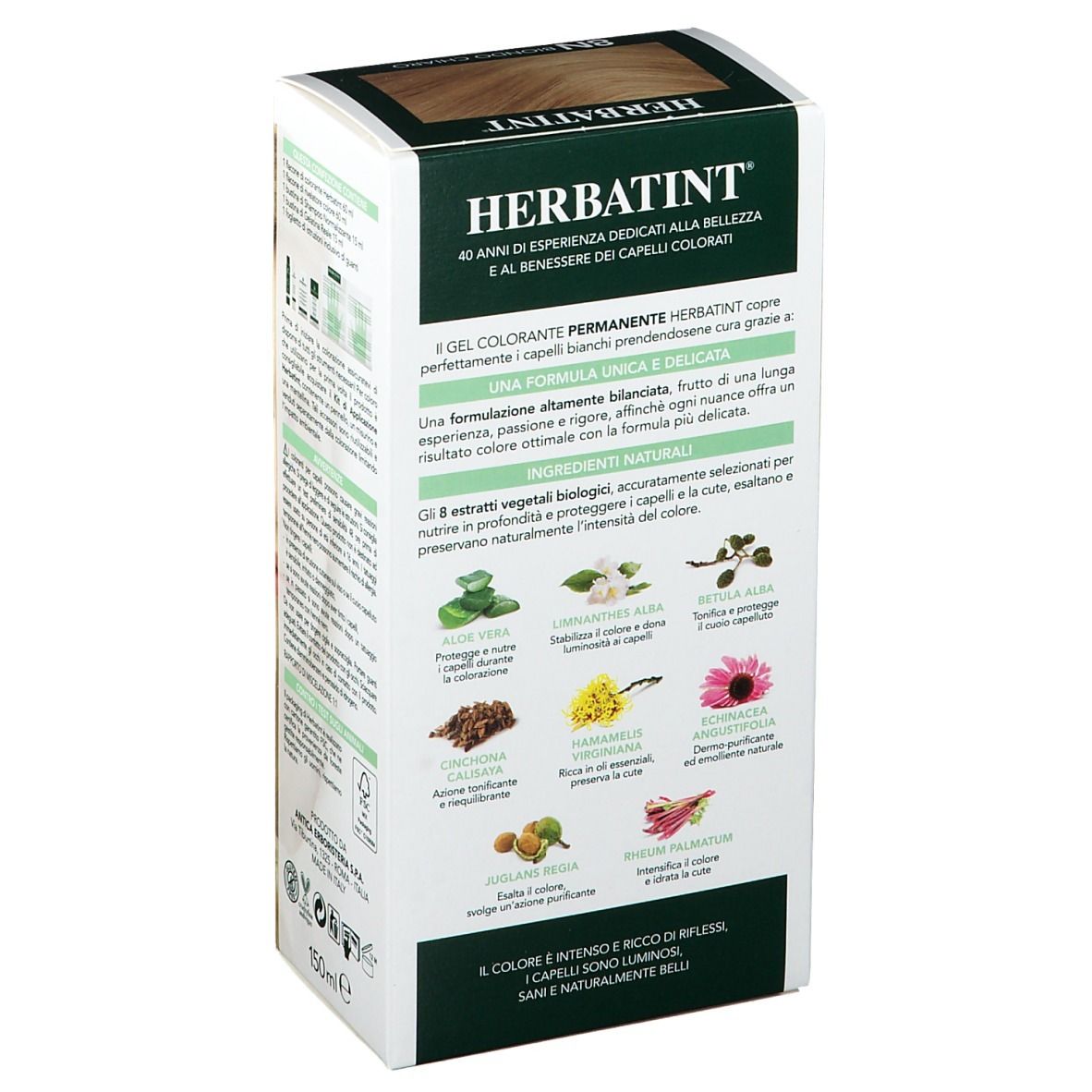 Retro della confezione di tintura per capelli HERBATINT®. Testo e illustrazioni degli ingredienti. Logo: HERBATINT®.