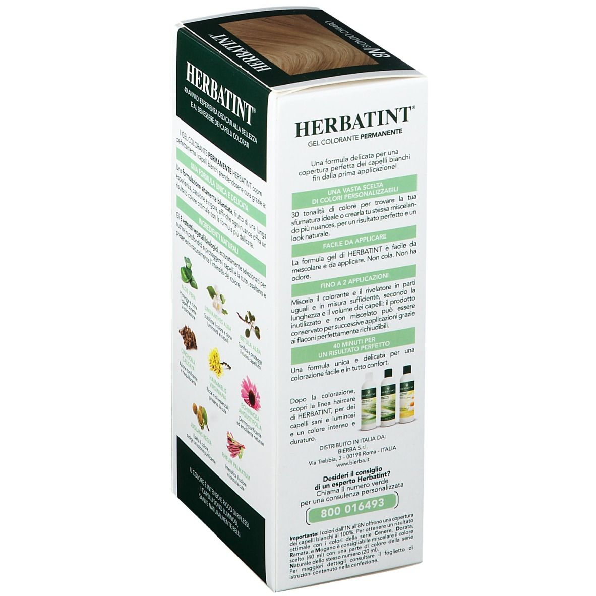 Retro della confezione di tintura per capelli HERBATINT®. Testo e illustrazioni degli ingredienti. Logo: HERBATINT®.