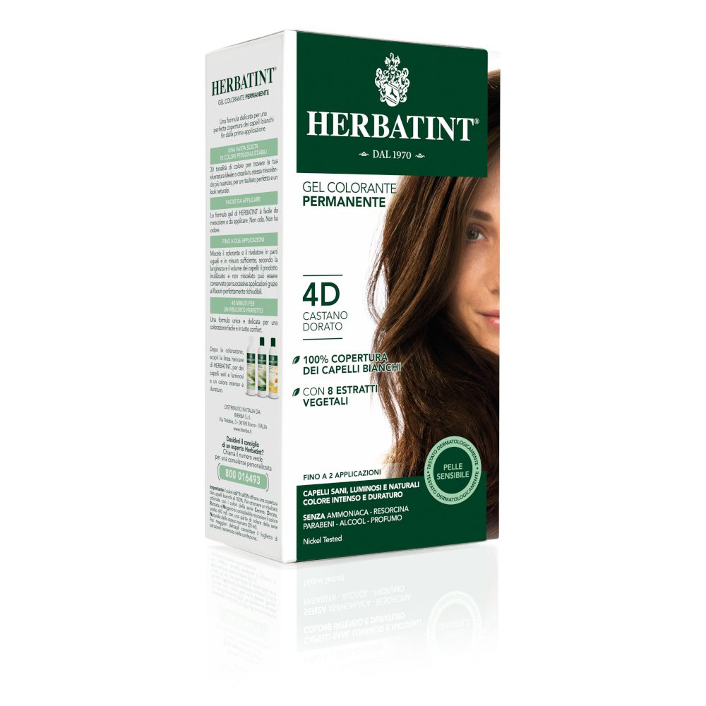 HERBATINT® Haarfarbe 4D, goldene Kastanie. Verpackung mit Produktabbildung und Text. Grün-weiße Farbgebung.