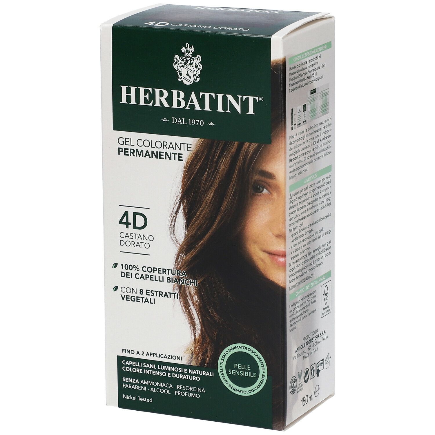 HERBATINT® Haarfarbe 4D, goldene Kastanie. Produktverpackung mit Text und Produktabbildung. Weißer Hintergrund.