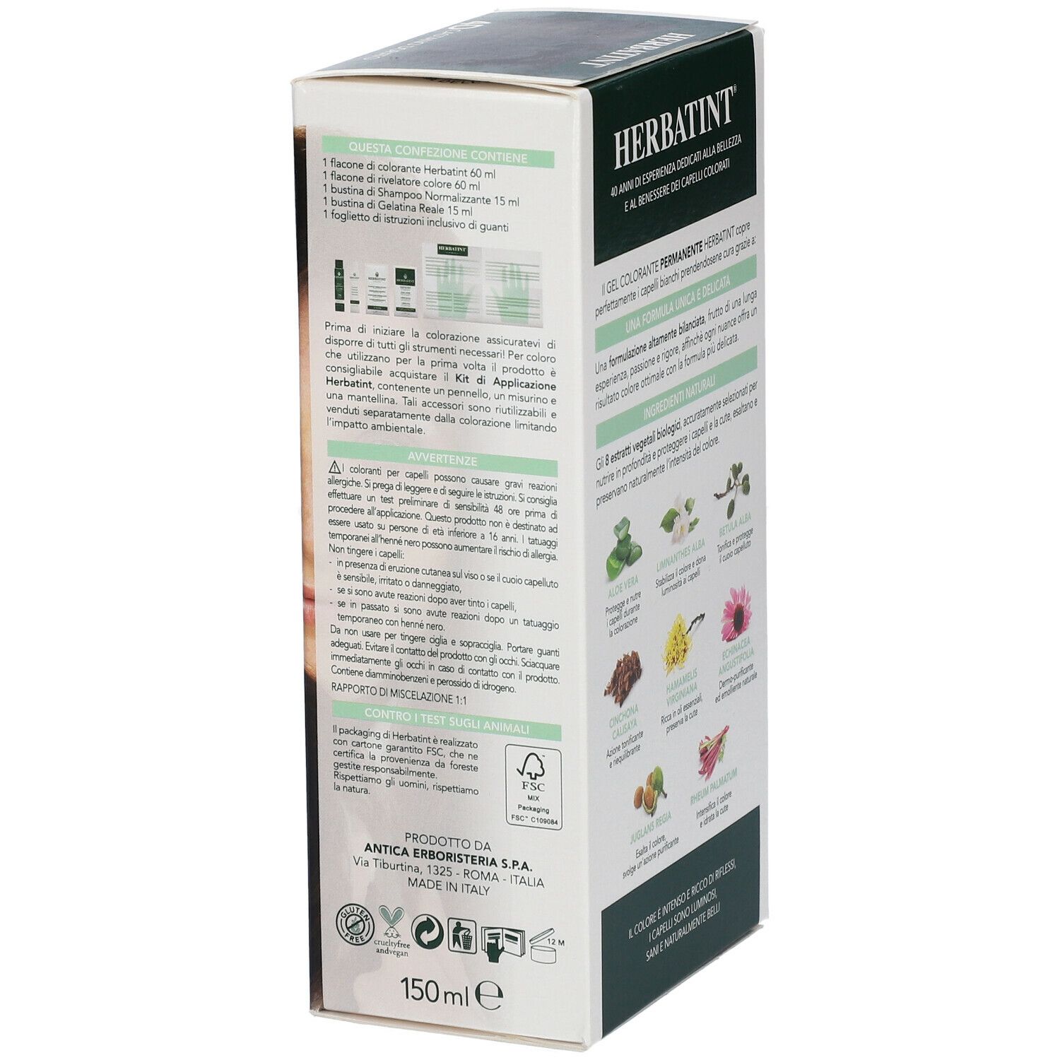 HERBATINT® Haarfarbe Verpackung. Rückseite mit Text und Produktabbildung. Weißer Hintergrund.