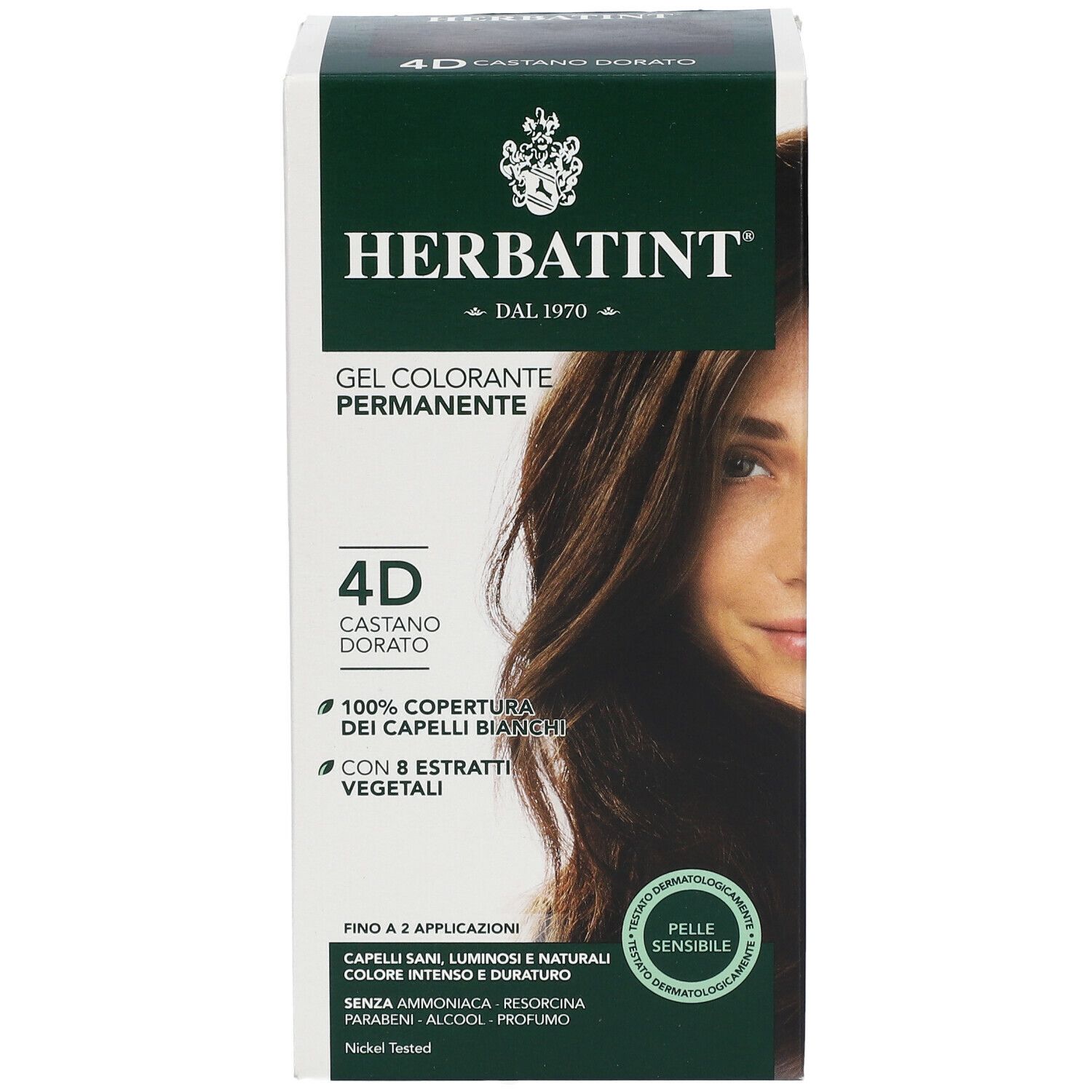 HERBATINT® Haarfarbe 4D, goldene Kastanie. Produktverpackung mit Text und Produktabbildung. Weißer Hintergrund.