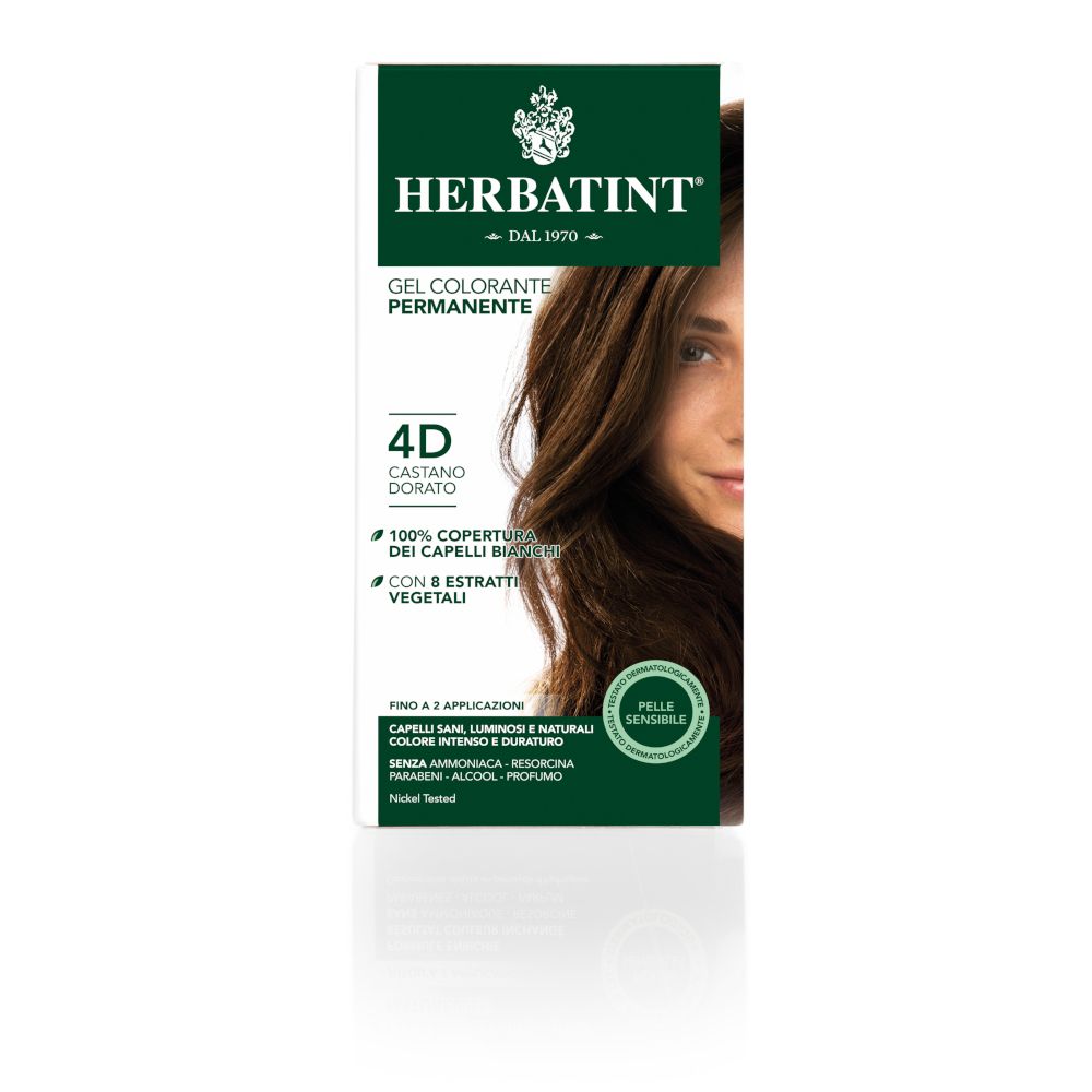 HERBATINT® Haarfarbe 4D, goldene Kastanie. Produktverpackung mit Text und Produktabbildung. Weißer Hintergrund.