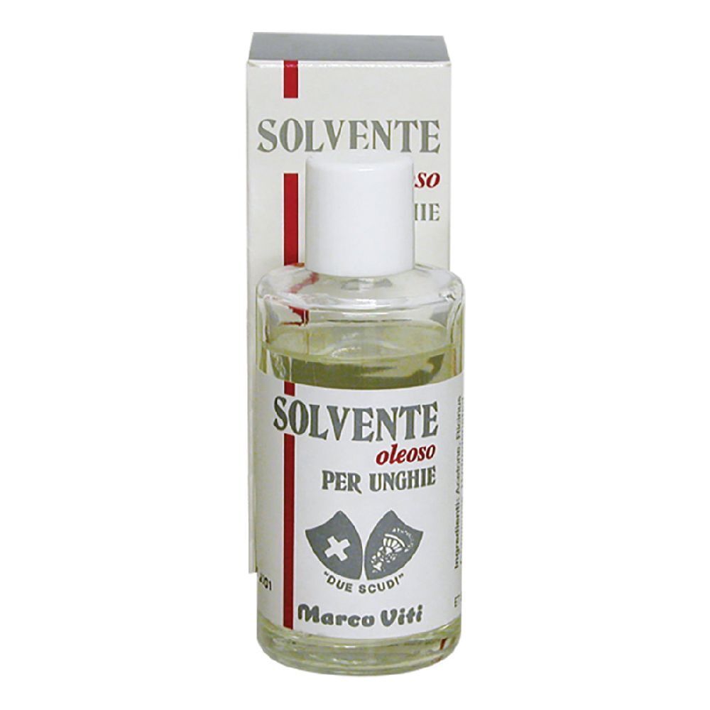 Flacone in vetro con tappo bianco ed etichetta. Scritta: SOLVENTE oleoso PER UNGHIE, Marco Viti. Scatola bianca.