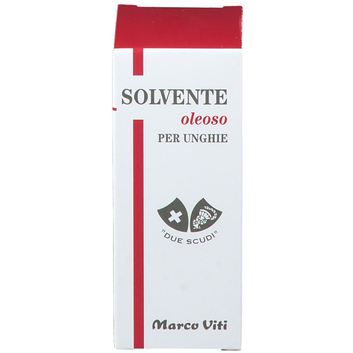 Scatola bianca con una striscia rossa. Scritta: SOLVENTE oleoso PER UNGHIE, Marco Viti.