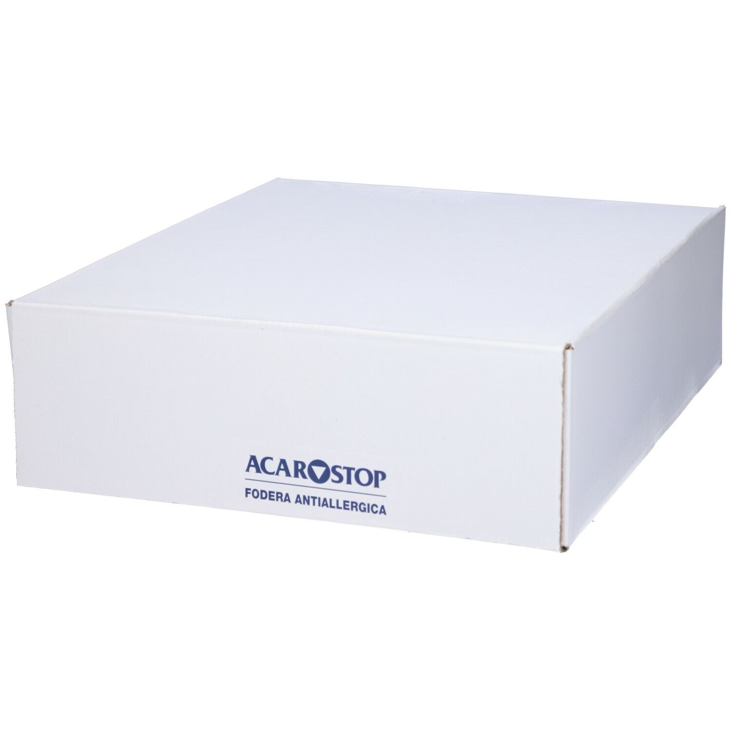 Scatola bianca quadrata con testo blu: Acarostop, Fodera Antiallergica.