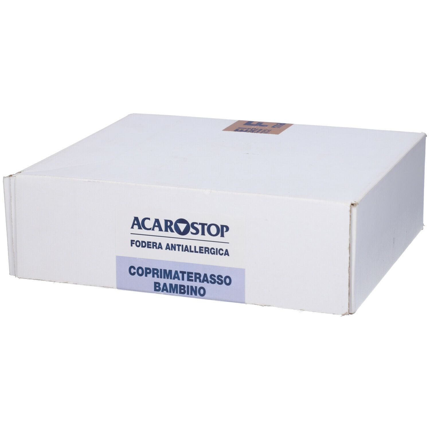 Confezione bianca. Scritta: Acarostop, Fodera Antiallergica, Coprimaterasso Bambino.