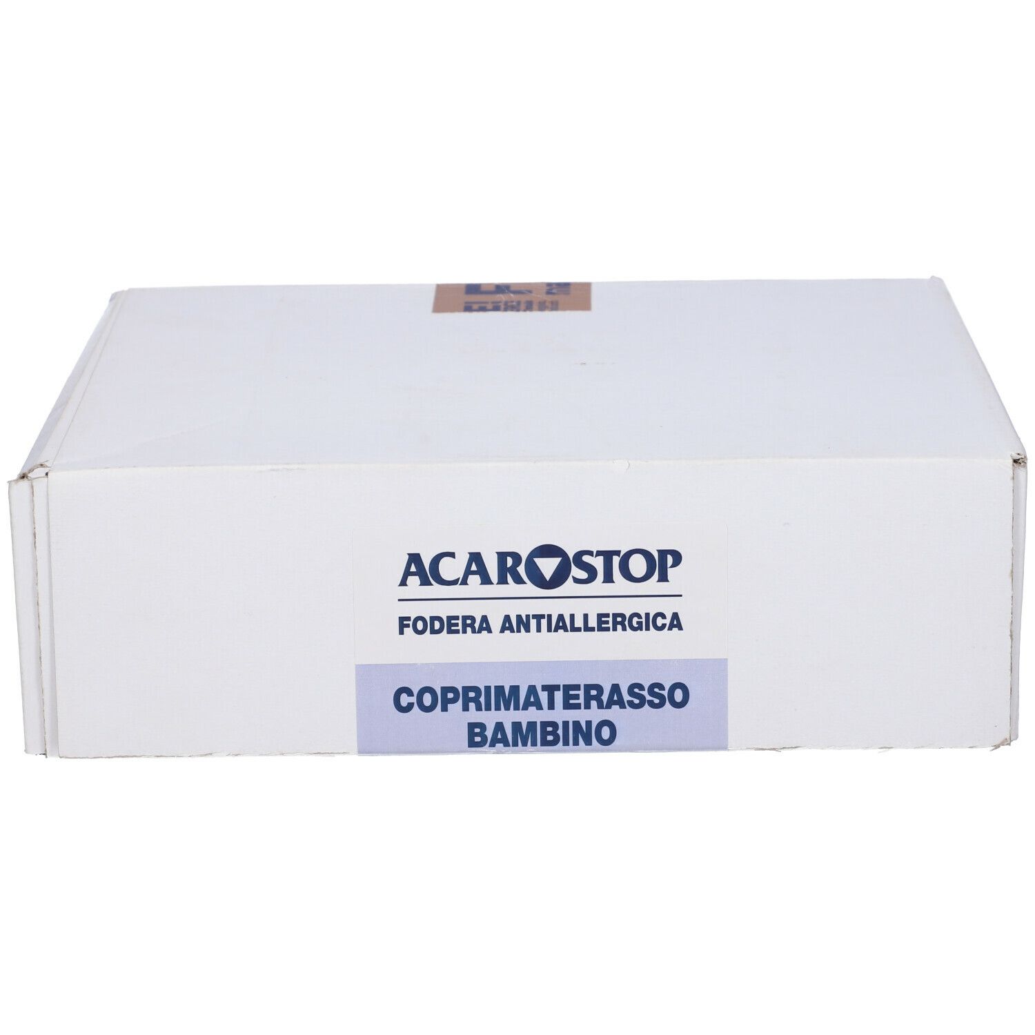 Confezione bianca. Scritta: Acarostop, Fodera Antiallergica, Coprimaterasso Bambino.