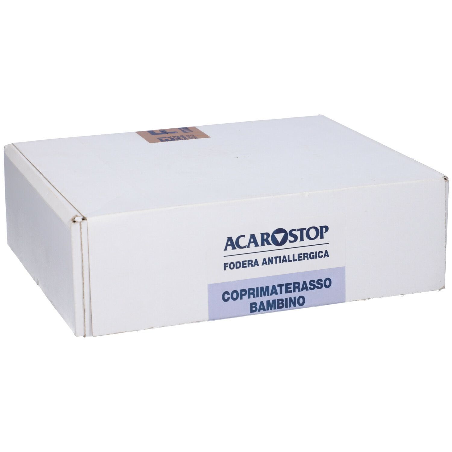 Confezione bianca. Scritta: Acarostop, Fodera Antiallergica, Coprimaterasso Bambino.