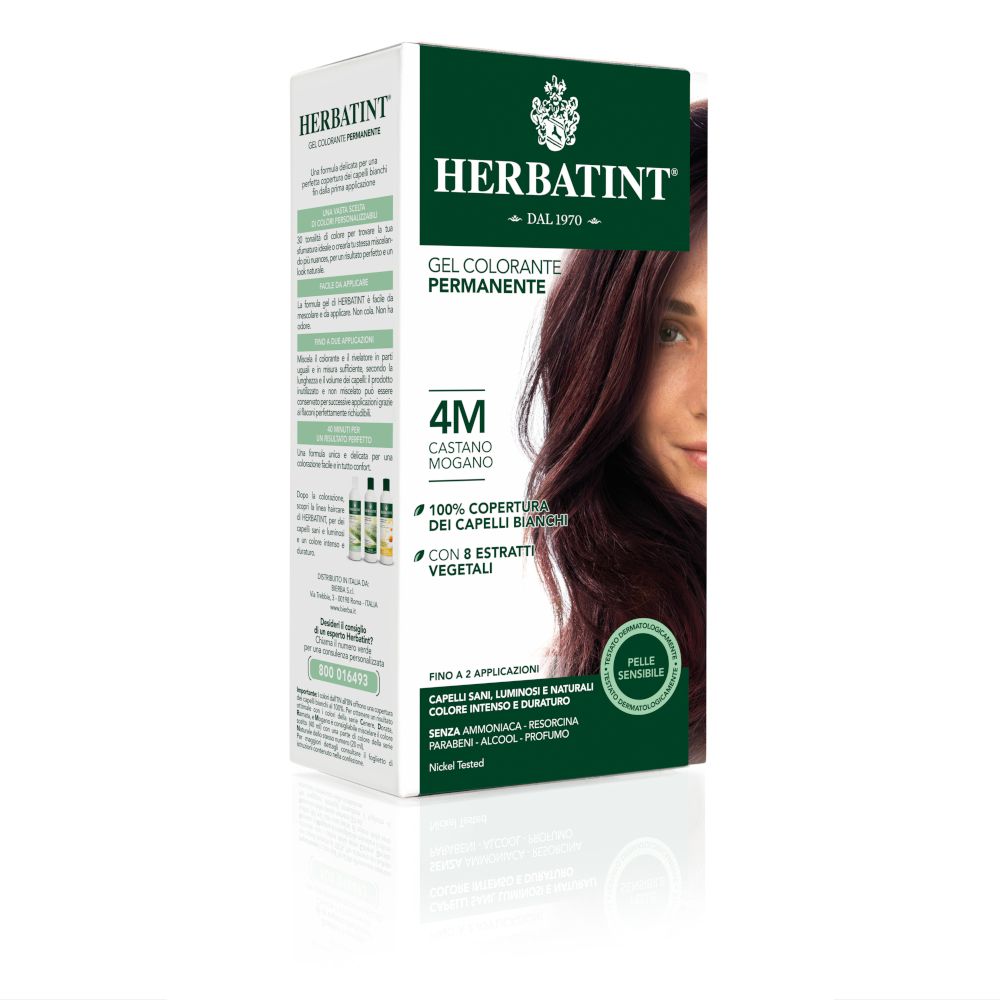 HERBATINT® Colorazione 4M Castano Mogano. Confezione con immagine del prodotto e informazioni. Confezione verde e bianca.