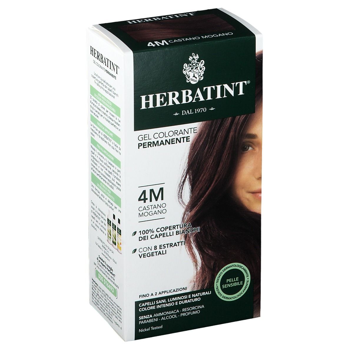 HERBATINT® Colorazione 4M Castano Mogano. Confezione angolata. Confezione verde e bianca.