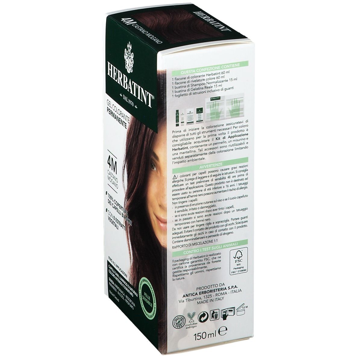 HERBATINT® Colorazione, retro della confezione. Testo e illustrazioni. Confezione verde e bianca. 150ml.