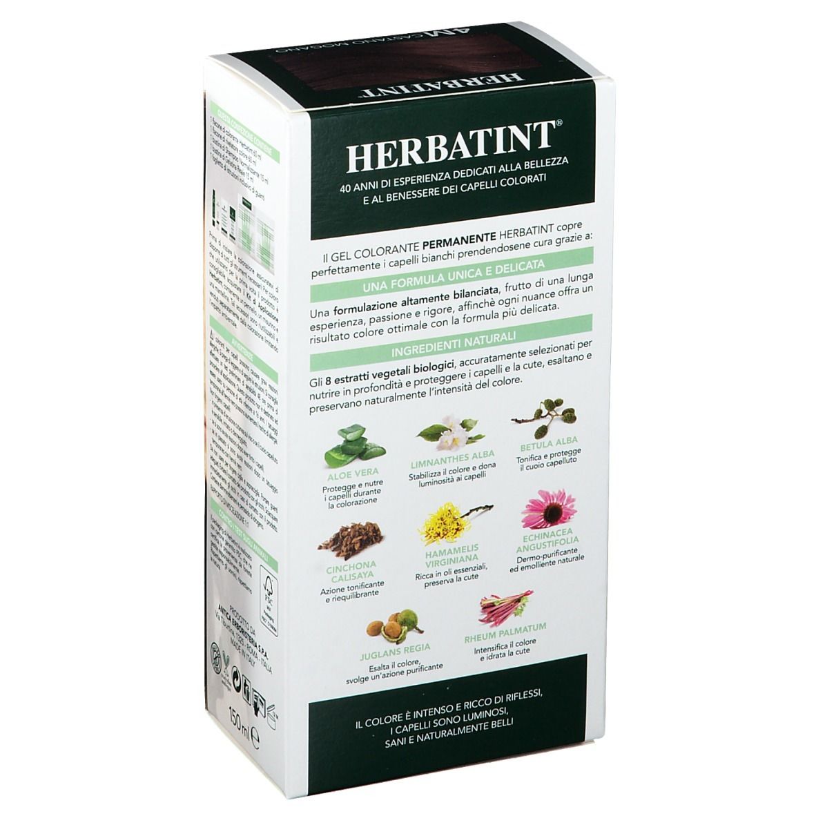 HERBATINT® Colorazione, retro della confezione. Testo e illustrazioni degli ingredienti. Confezione verde e bianca. 150ml.