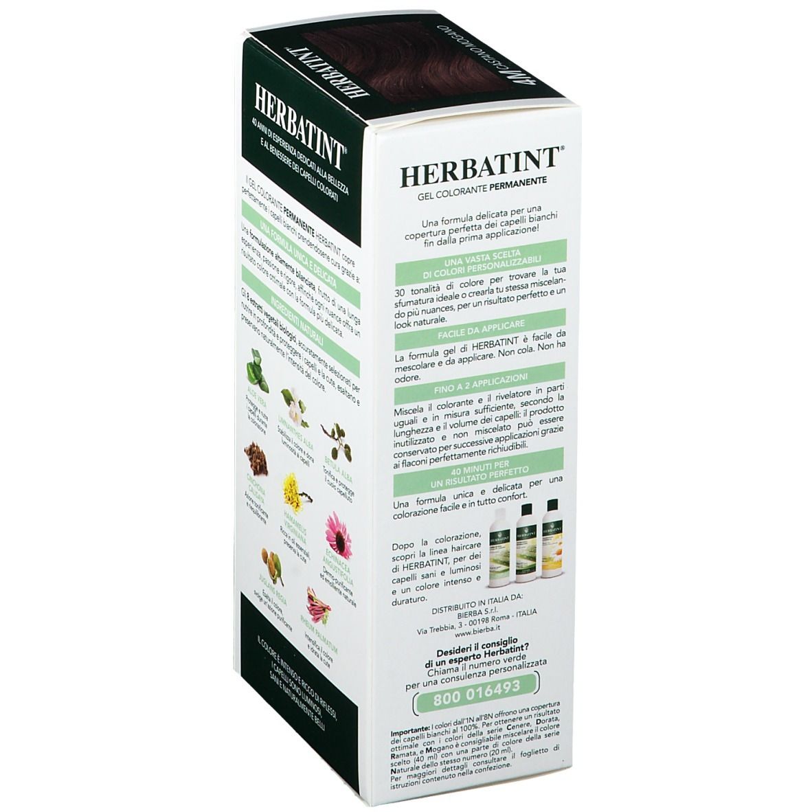 HERBATINT® Colorazione, retro della confezione. Testo e illustrazioni. Confezione verde e bianca. 150ml.