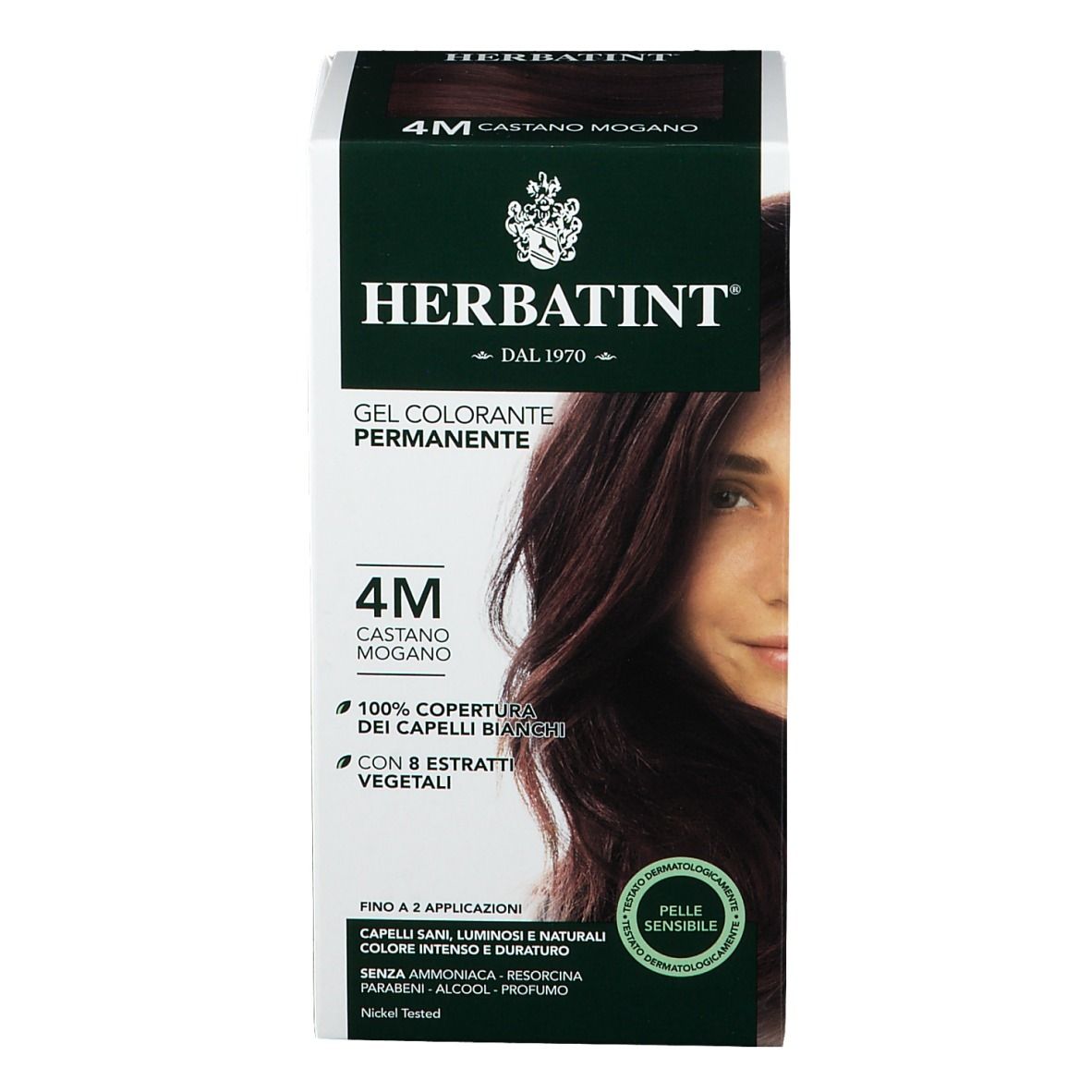 HERBATINT® Colorazione 4M Castano Mogano. Confezione angolata. Confezione verde e bianca.