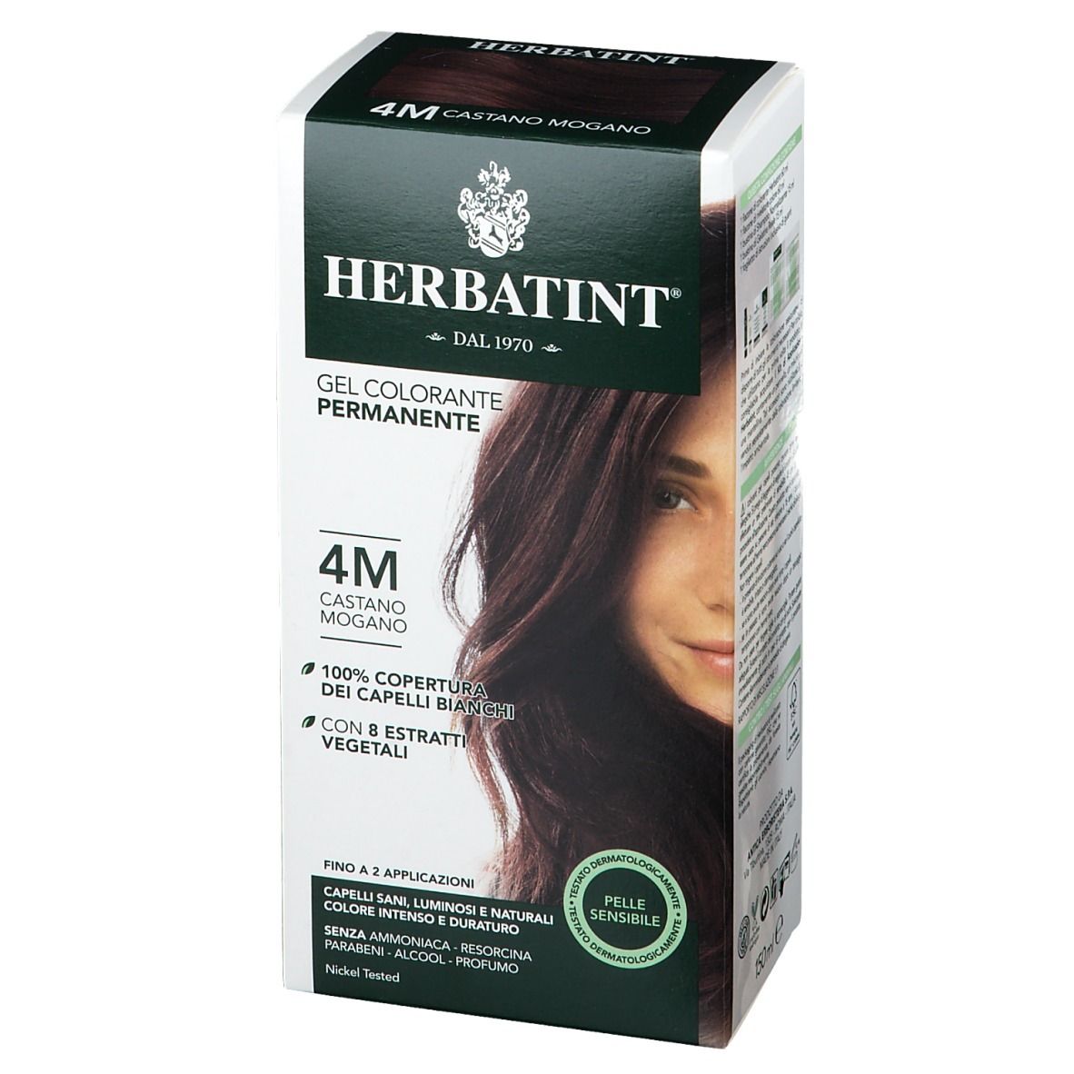 HERBATINT® Colorazione 4M Castano Mogano. Confezione angolata. Confezione verde e bianca.