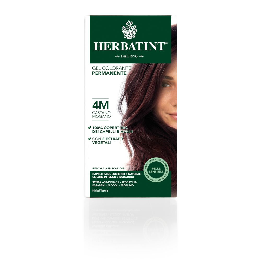 HERBATINT® Colorazione 4M Castano Mogano. Confezione con immagine e testo. Confezione verde e bianca.