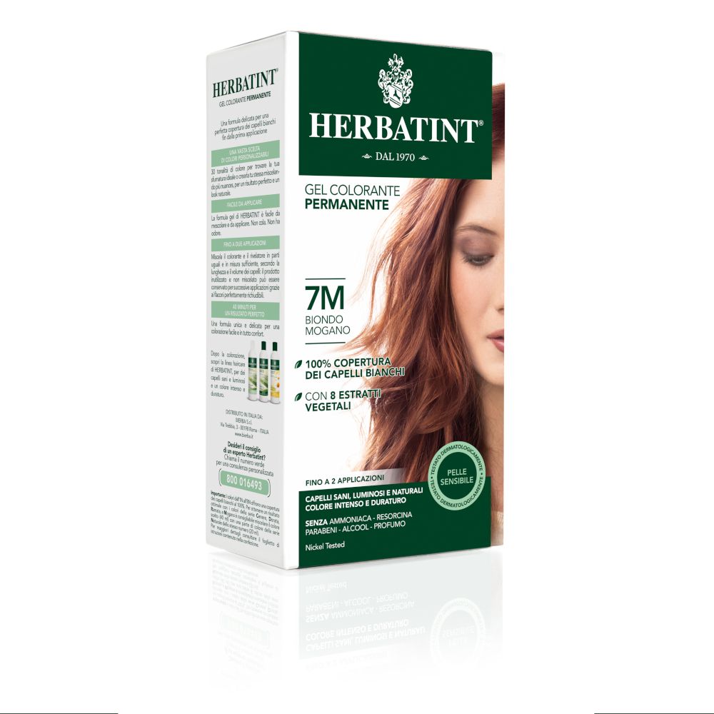 Boîte de HERBATINT® 7M Blond acajou. Gel colorante permanente. Informations produit et illustration.