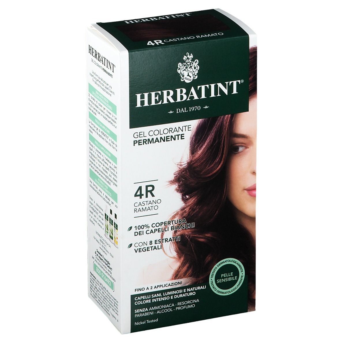 Confezione HERBATINT® 4R. Tinta castano ramato. Gel colorante permanente. Per pelli sensibili.