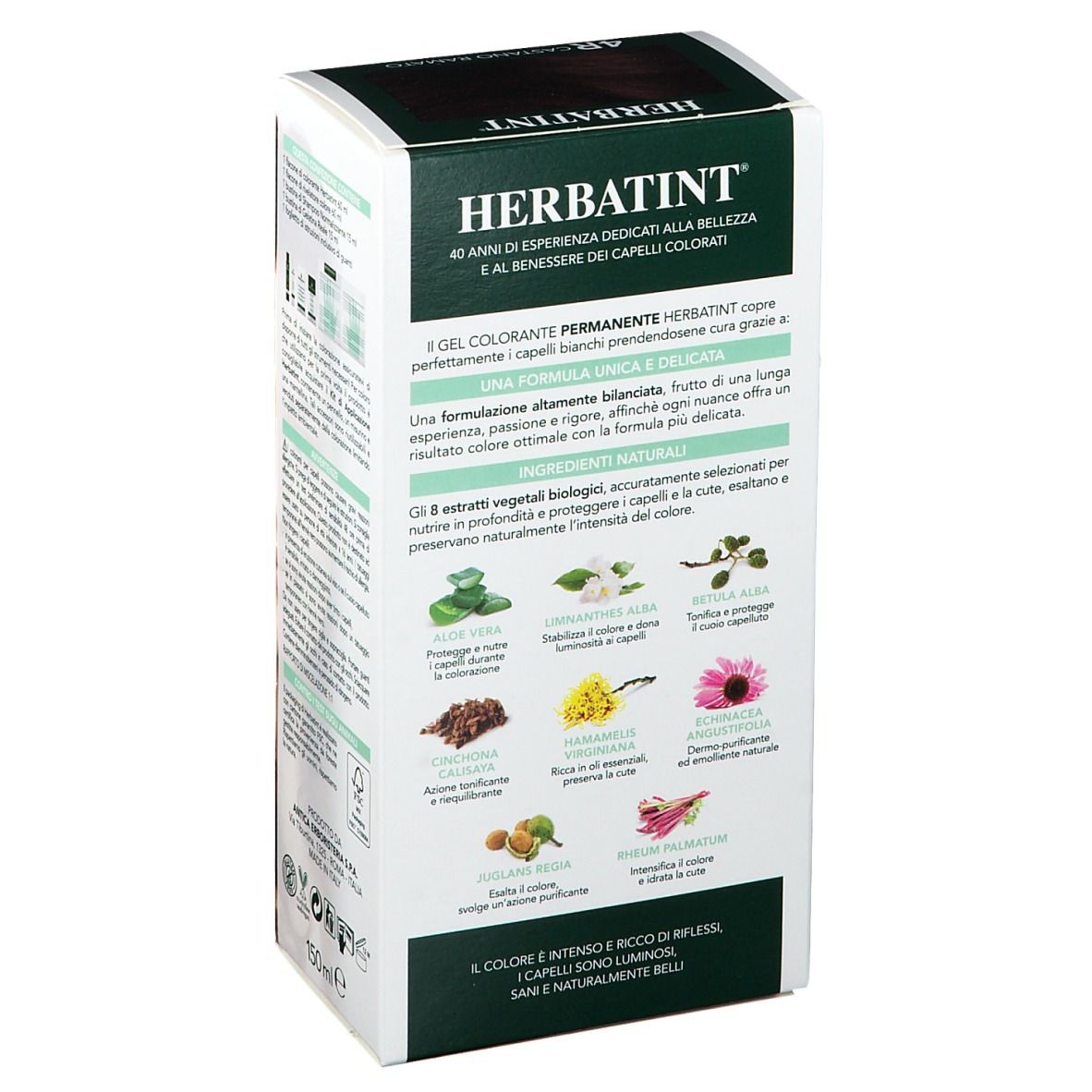 Retro della confezione HERBATINT® 4R. Ingredienti e istruzioni per l'uso. Con estratti naturali.