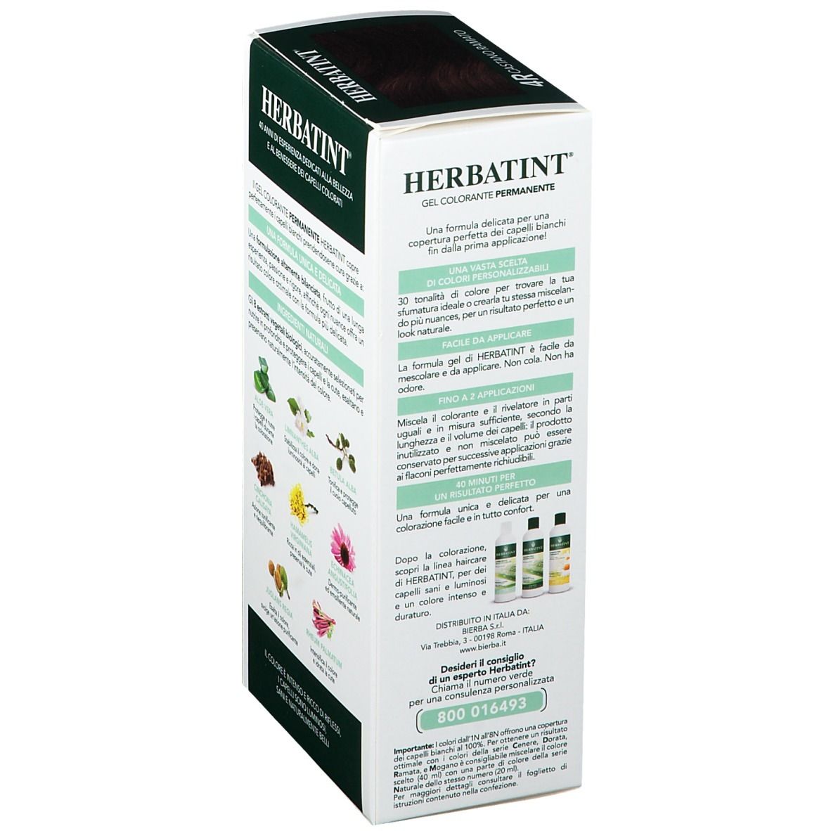 Retro della confezione HERBATINT® 4R. Ingredienti e istruzioni per l'uso. Con estratti naturali.