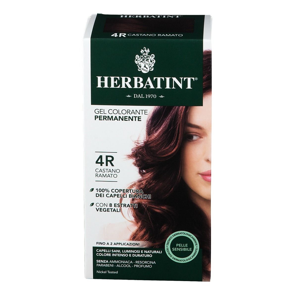 Confezione HERBATINT® 4R. Tinta castano ramato. Gel colorante permanente. Per pelli sensibili.