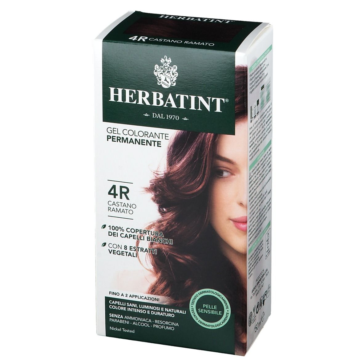 Confezione HERBATINT® 4R. Tinta castano ramato. Gel colorante permanente. Per pelli sensibili.
