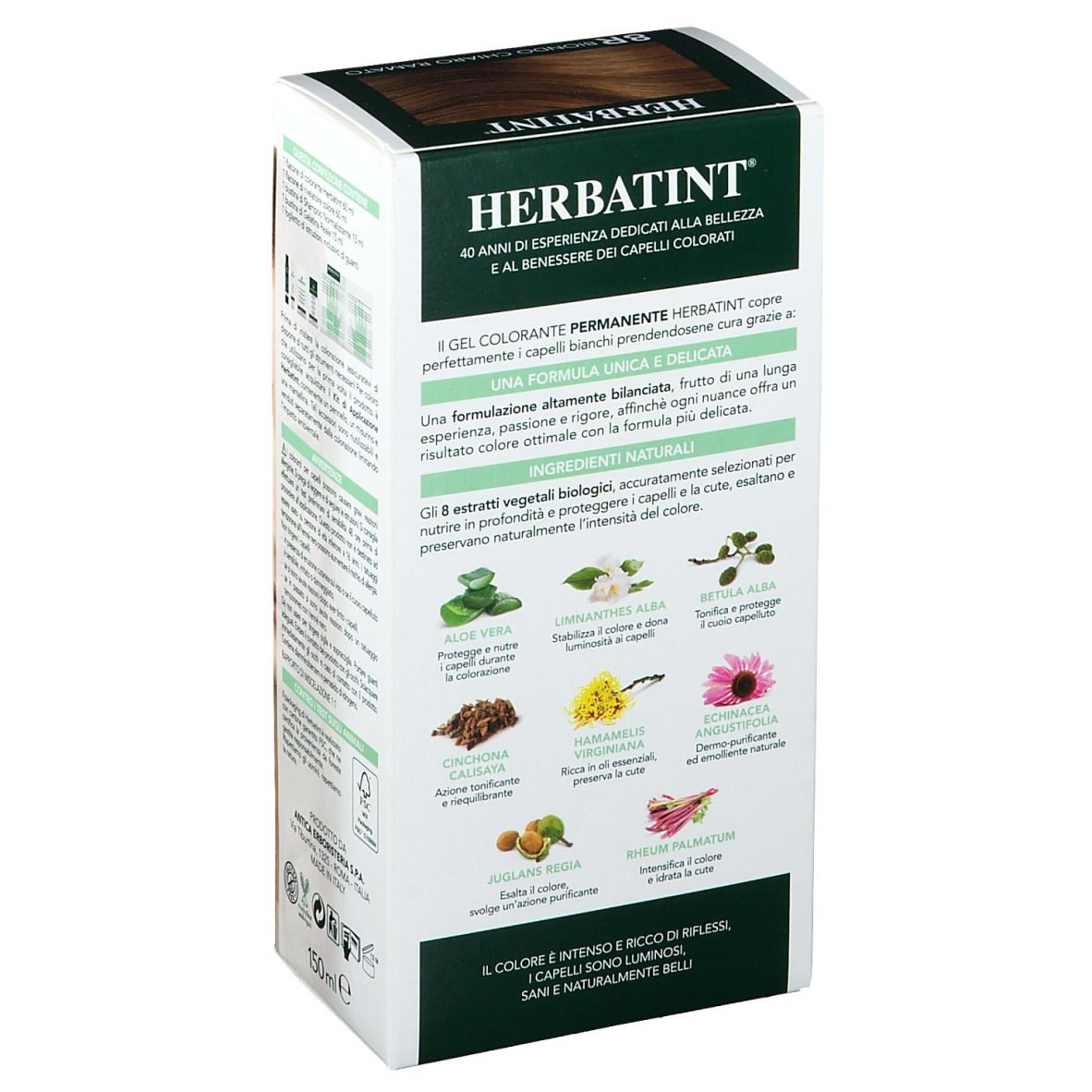 Retro della confezione Herbatint®. Testo e illustrazioni degli ingredienti. Scritta: Gel colorante permanente, 8R, Biondo chiaro ramato.