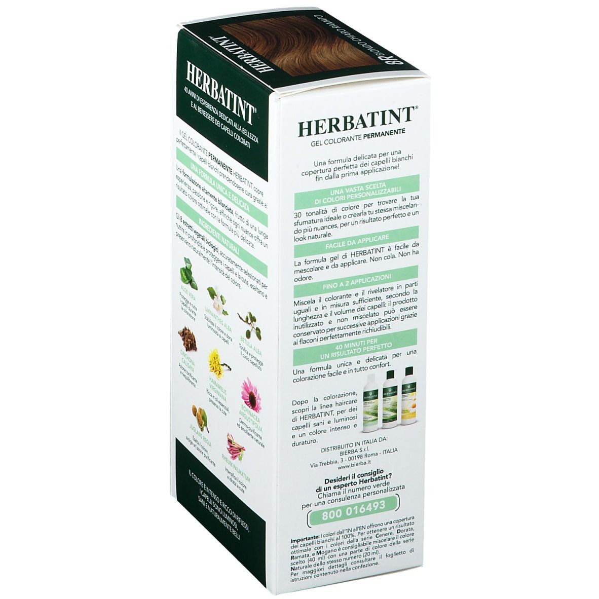 Retro della confezione Herbatint®. Testo e illustrazioni degli ingredienti. Scritta: Gel colorante permanente, 8R, Biondo chiaro ramato.