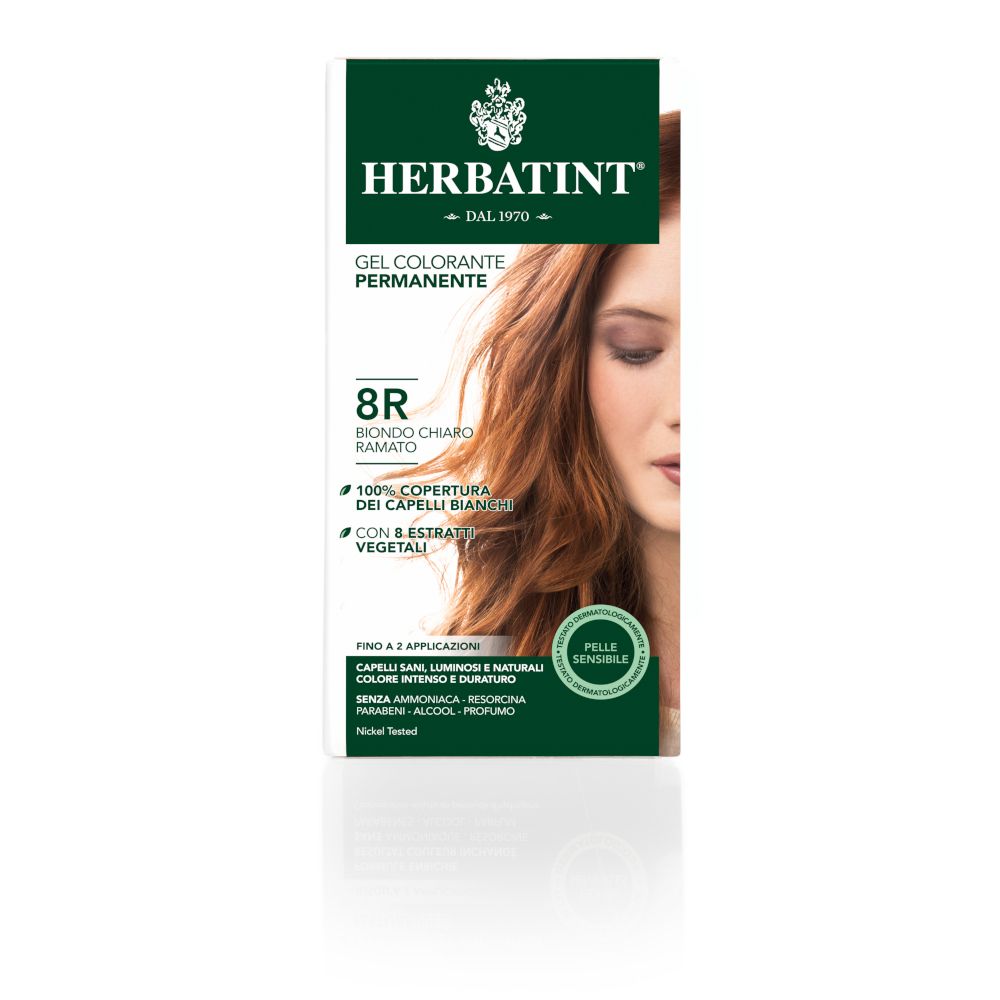 Herbatint® Biondo chiaro ramato 8R. Confezione con immagine e testo. Scritta: Gel colorante permanente, 8R, Biondo chiaro ramato.