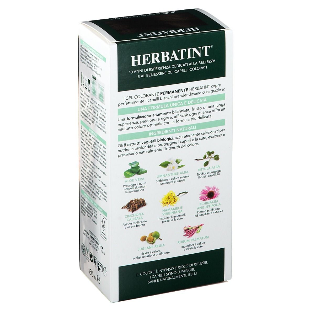 Rückseite der HERBATINT® Haarfarben-Verpackung. Text und Abbildungen von Inhaltsstoffen. Grün-weiß.
