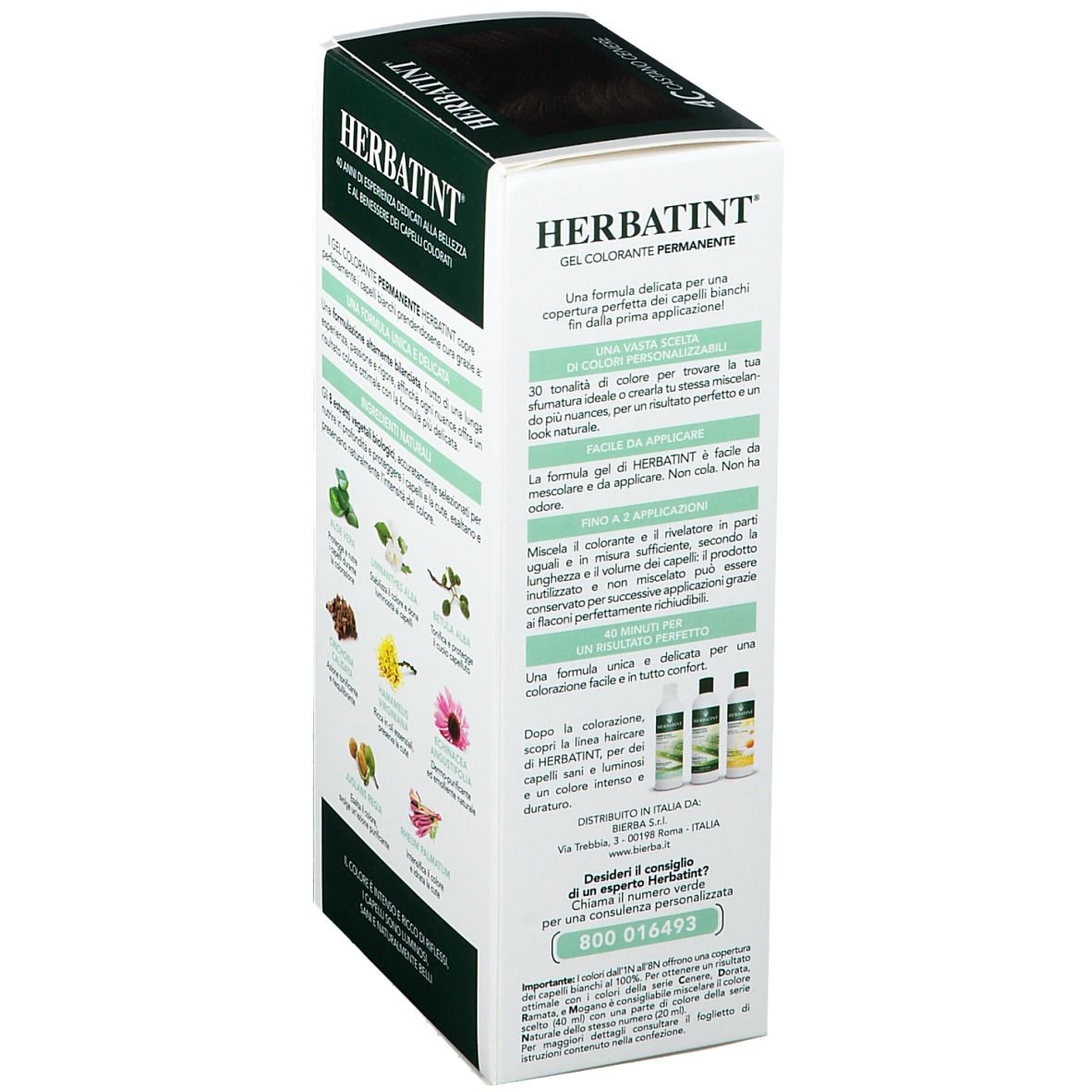Rückseite der HERBATINT® Haarfarben-Verpackung. Text und Abbildungen von Inhaltsstoffen. Grün-weiß.