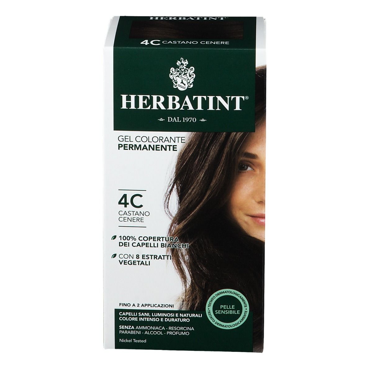 HERBATINT® Haarfarbe Aschbraun 4C. Verpackung mit Produktabbildung und Text. Grün-weiße Farbgebung.